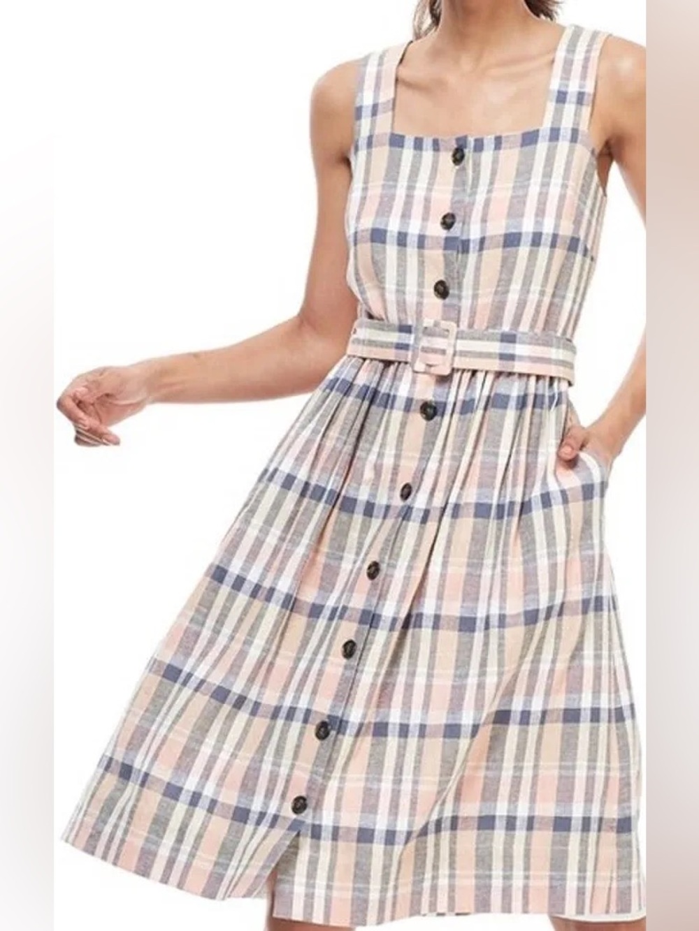 Gal Meets Glam Pink and Blue Plaid Belted Midi Dress